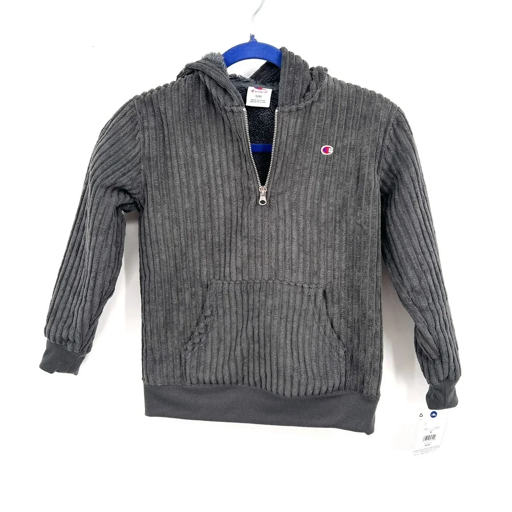 NEW Champion corduroy quarter zip hoodie iron gray boys hooded jacket S 8